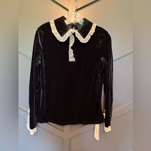 Elegant Black Velvet Blouse with White Trim